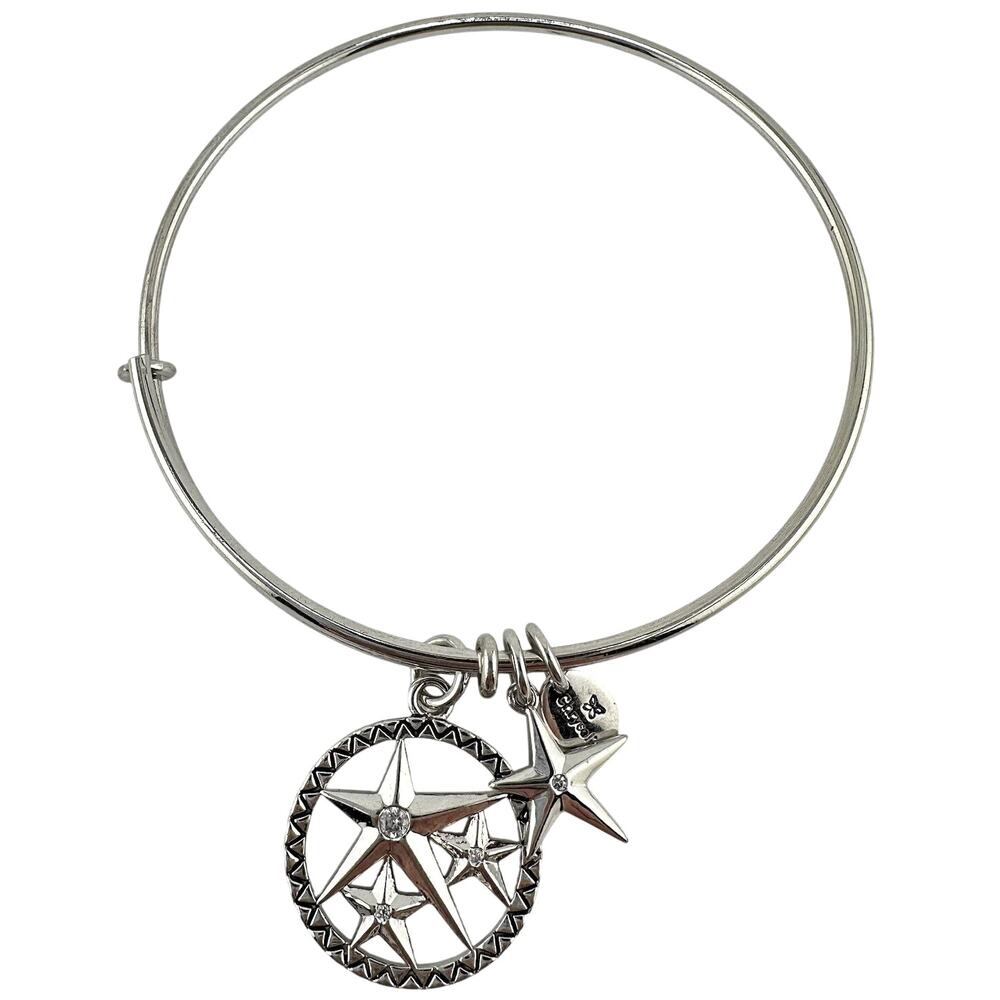 Celestial Star Charm Crystal Accent Silver Tone Bangle 7.75” Fashion Bracelet